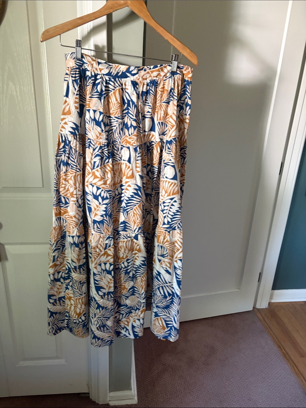 STAUD Blue and Tan Tropical Tiered Maxi Skirt